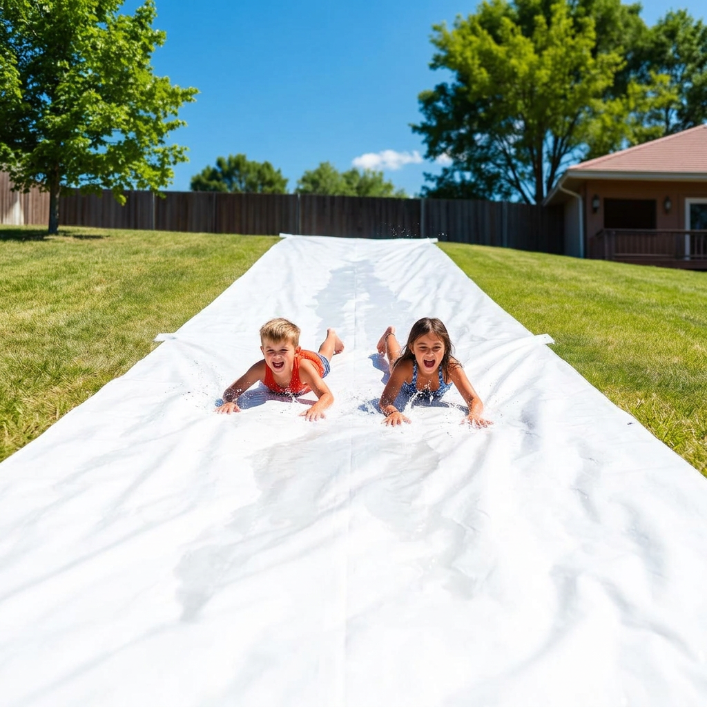Two smiling kids sliding on their bellies down a grassy hill side by side on a 100 ft long, 10 ft wide run of soaked plain white plastic slip and slide sheeting