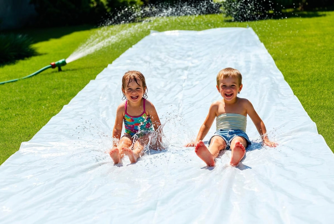 100 Ft Slip and Slide: two smiling kids sliding down a grassy hill side by side on the wide 10 ft white plastic slip and slide