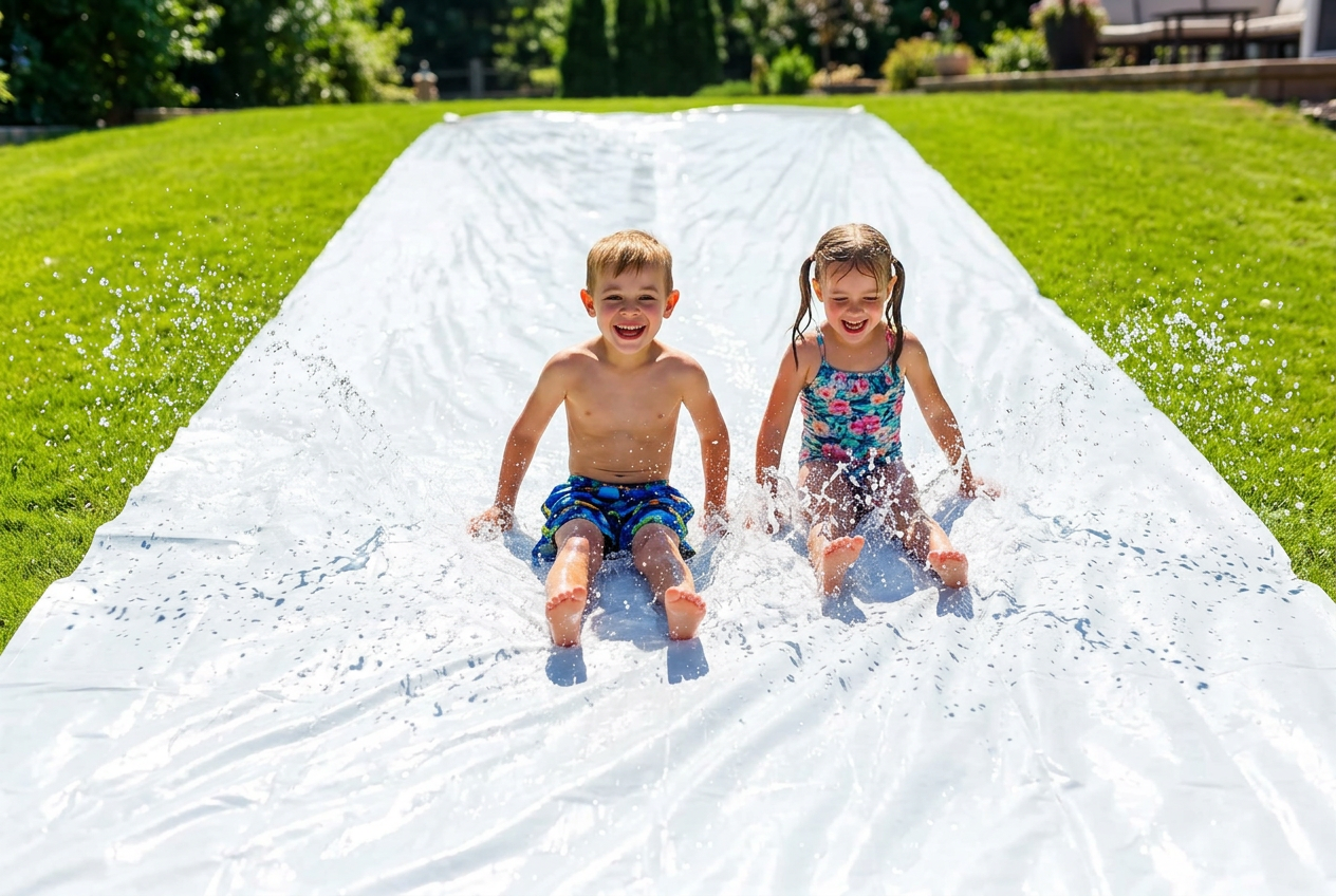 50 Ft Slip and Slide: two smiling kids sliding down a grassy hill side by side on the wide 10 ft white plastic slip and slide